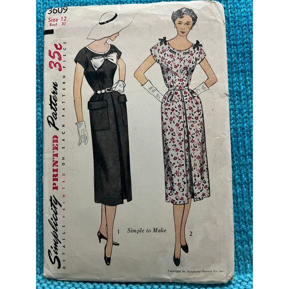 Simplicity 3609 pattern dress pencil skirt pockets 1950s size 12 - Picture 1 of 5